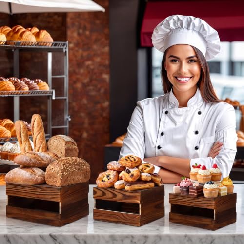 Image of Sintuff 12 Pcs Wood Buffet Riser with Mini Signs and Marker, 6 Size Rustic Wooden Cake Stands Buffet Table Food Riser Dessert Display Stand for Party Wedding Birthday Home Decor