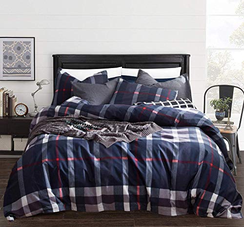 Clothknow Navy Plaid Bedding Comforter Set Queen Tartan Geometric Bedding Sets Full Men Boys Women Bedding Cotton Blue Grid Bedding Comforter 3Pcs Comforter Sets With 2 Pillowcases #TOP1