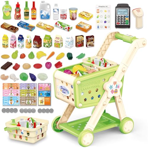 RedCrab Kids Shopping Cart,75PCS Toy Shopping Cart Playset with Food Shop Accessories, Adjustable Shopping Cart Arm,Shopping Basket Grocery Store Games for Ages 3 4 5 67 8+ (Green)