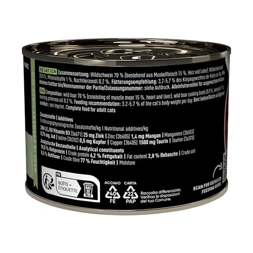 catz finefood Purrrr Wildschwein Monoprotein Katzenfutter nass N° 109, für ernährungssensible Katzen, 70% Fleischanteil, 6 x 200g Dose