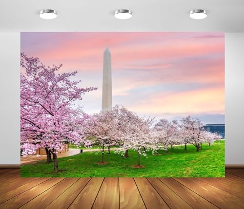BELECO 7x5ft Fabric Washington DC Backdrop Washington Monument Spring Cherry Blossoms Background for Party Decorations Banner Kids Adults Portrait Birthday Photo Studio Props