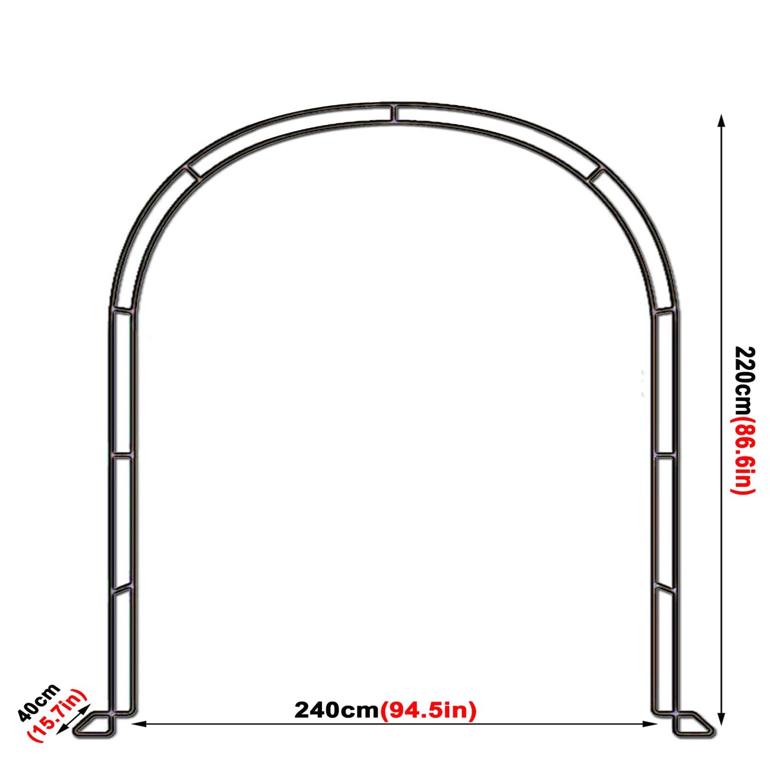 Metalowy łuk ogrodowy do roślin pnących, odporny na warunki atmosferyczne, łuk weselny o szerokości 40 cm, do dekoracji ścieżki, podwórka i na zewnątrz, 240 x 220 cm