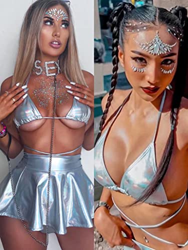 Rave Outfits For Women - Sexy Music Festival Metallic Holographic Strappy Bikini Top Bottom Beach Skirt 3 Piece Set(Silver,M,1016E) #TOP4