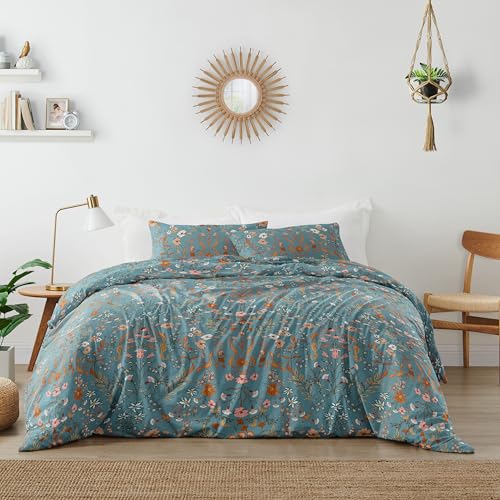 Sweet Jojo Designs Boho Wildflower Vintage Floral Girl Queen Duvet Cover Bedding Set Full Size Bed Comforter Case Shams 3pc Teal Turquoise Rust Orange Botanical Garden Bohemian Farmhouse Cottagecore