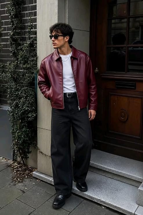 Generic Men's Maroon Leather Jacket - Image 4