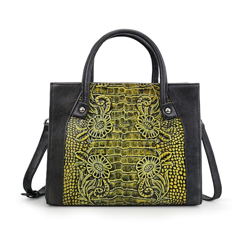 Crossbody Bag For Women Leather Shoulder Bag Top Handle Tote Bag Medium Satchel Vintage Embossing Pattern Pusre and Handbag (Grey Black)