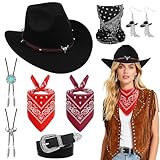 FICOFISE 8 Piezas Complementos Disfraz Vaquero Adulto,Clásico Complementos Disfraz Vaquera Mujer con Sombrero Cowboy Negro Cinturones Mujer Bufanda Halloween y Todo Tipo de Eventos de Carnaval