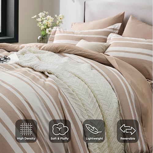 Image of Bedsure Queen Comforter Set 7 Pieces, Light Camel Striped Bedding Set for All Seasons, Reversible, Cationic Dyeing Bed in a Bag with Comforter, Sheets, Pillowcases & Shams