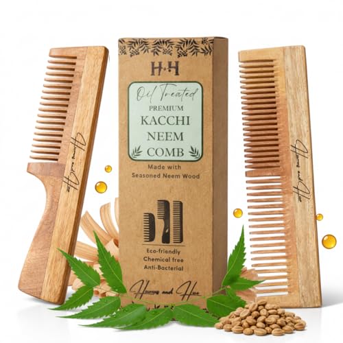 Image of Humus & Hue Premium Oil Treated Kachhi Neem Wooden Comb Set Pack of 2, Neem Comb for Hair Growth, Hair fall & Dandruff Control, Detangling comb, anti static Wooden Hair Comb for Women and Men | Dual & wide tooth comb handle