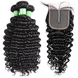 Brazilian Curly Hair Bundles And Closure - Brazilian Hair Deep Curly Bundles With Closure 3 Bundles And Closure 100% Unprocessed 8A Human Hair Bundles And 4x4 Curly Closure Natural Color(20 22 24 +20)