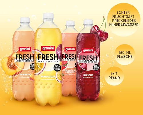 granini FRESH Pfirsich (6 x 0,75l), Pfirsich-Erfrischungsgetränk, mit Kohlensäure, echte Früchte, wenig Kalorien, ohne Süßungsmittel, vegan