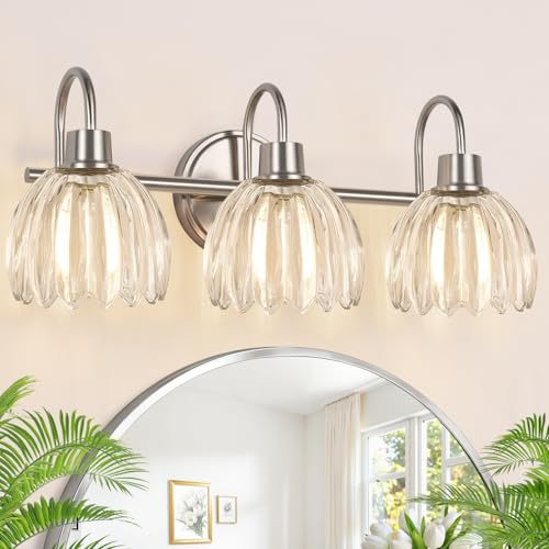 Image of 3-Light Bathroom Light Fixtures, 20 inch Vanity Light Over Mirror with Ribbed Clear Tulip Glass Shades, Brushed Nickel Wall Lights for Bathroom, Bedroom, Living Room, Hallway (Bulb Not Included)