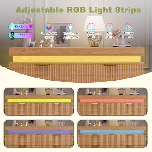 Image of 6 Drawer Dresser with LED Lights and Charging Station, 47 inch Wide Fluted Dresser for Bedroom, Modern Wood Chest of Drawers for Closet Organizer Cabinet for Living Room, Hallway, Natural Oak