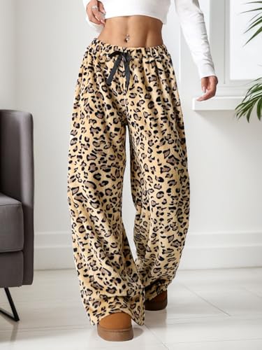 Womens Cheetah Print Fuzzy Fleece Pajama Pants Y2K Leopard Pants with Pockets Fall Winter Warm Pj Bottoms2