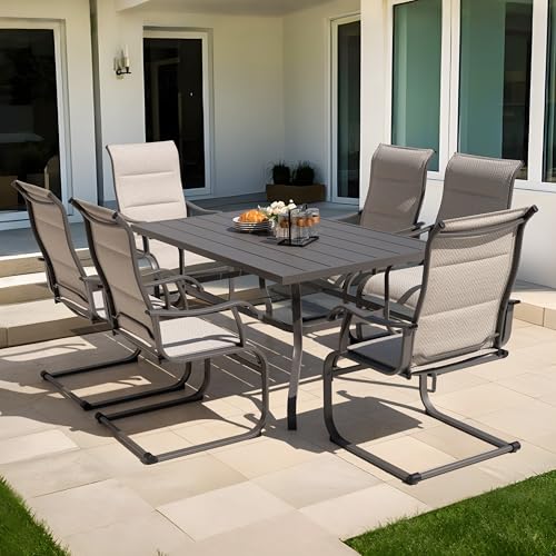 Image of NUU GARDEN 7-Piece Outdoor Patio Dining Set - 6 Textilene Dining Chairs & 60.6 inch Table with Umbrella Hole, Weather-Resistant Furniture for Yard Porch Poolside Garden, Beige