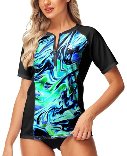 Image of AOBUTE Women Zip Rash Guard UPF 50+ Gradient Short Sleeve Swim Top Surf Shirts