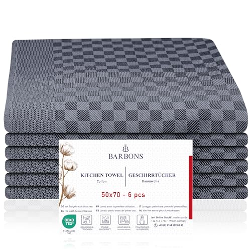 BARBONS 6 paños de Cocina a Cuadros Kitchen Towels 100% Algodón Certificado Trapos Absorbentes para Secar 50x70 cm Negro Antracita