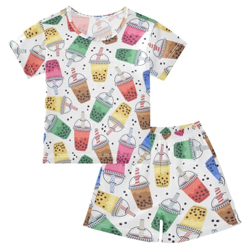 Pajama Short Sets Cartoon Pearls Boba Tea Soft Cotton Summer Sleepwear 2 Piece PJS Size 5-14T