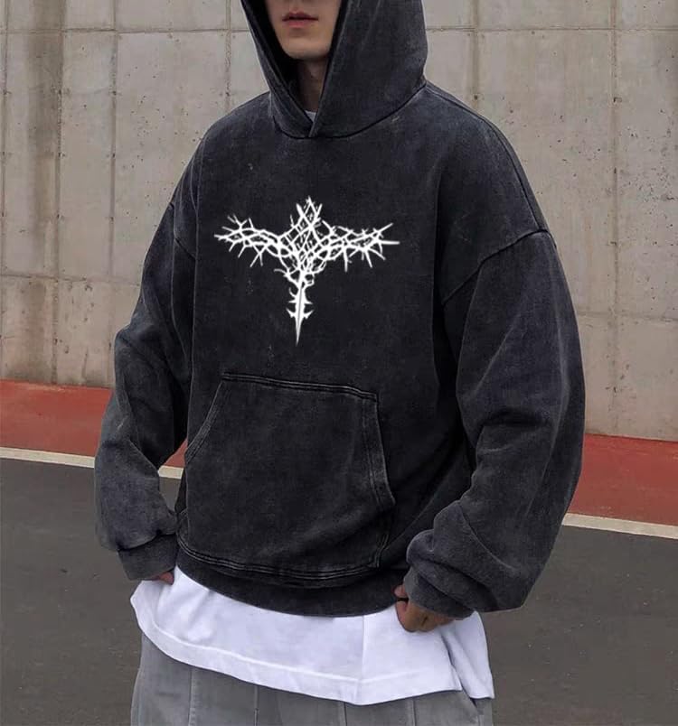 Unisex Y2K Aicd Wash Gothic Graphic Hoodies Oversize Grunge Skull Wing Print Sweatshirt Casual Fit Pullover - Image 3