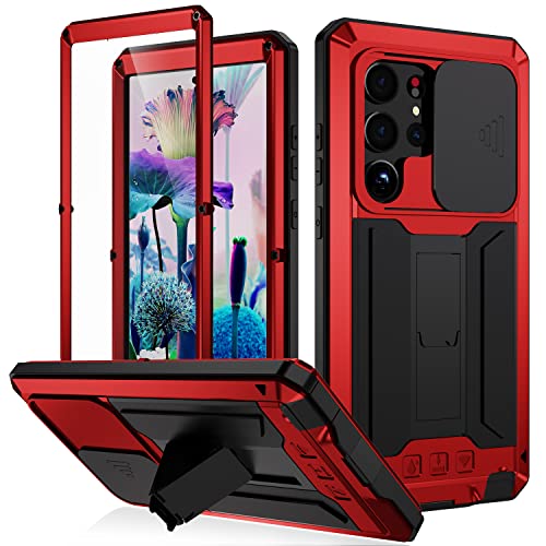 Compatible for Samsung Galaxy S23 Ultra Metal Phone Case Cover,Military Grade Heavy Duty Rugged Metal Case, Full-Body Bumper Protective Cover with Kickstand & Screen Protector & Slide Camera(Red)