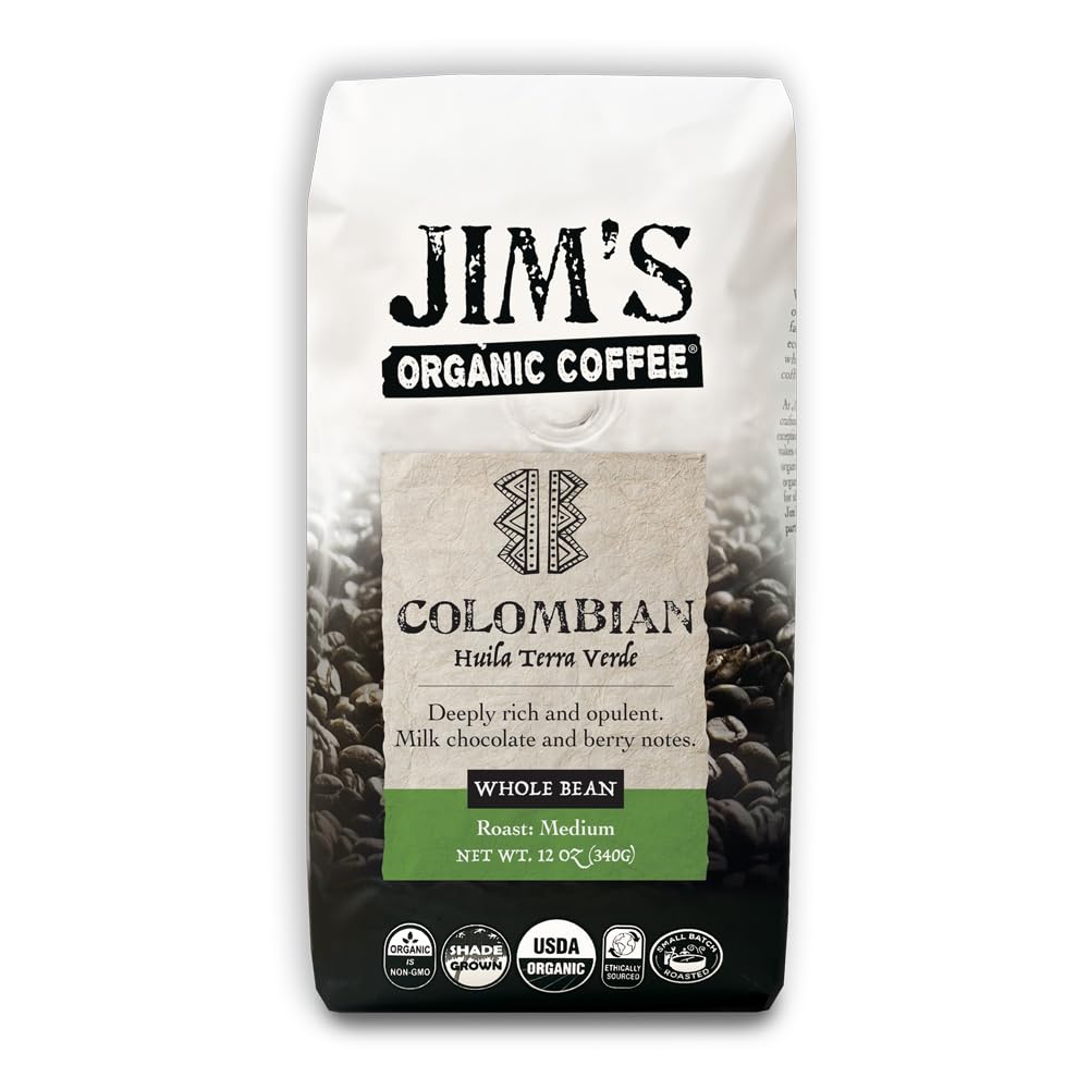 Jim's Organic Coffee Colombian Santa Marta Montesierra, Whole Bean, 12 Ounce