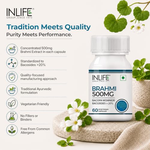 Image of INLIFE Brahmi Capsules 500mg, Bacopa Monnieri Bacosides >20%, Ayurvedic Nootropic Support for Memory & Focus, 60 Veg Capsules (Pack of 2)