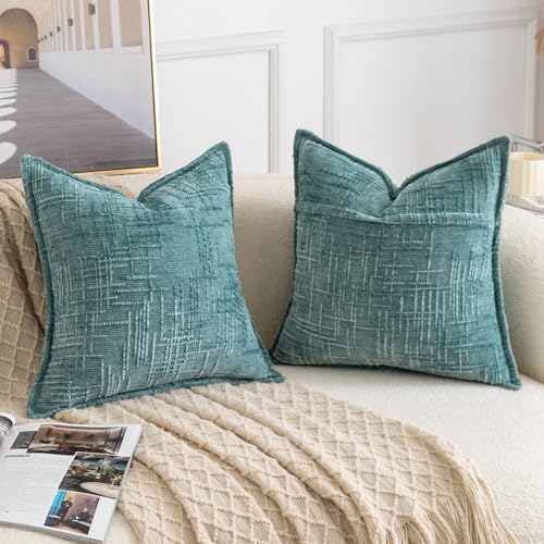 Image of MADIZZ Pack of 2 Chenille Throw Pillow Covers 16x16 Inch Teal Soft Neutral Decorative Throw Pillows for Couch Sofa Boho Accent Cushion Covers Modern Farmhouse Home Decor for Bedroom Living Room