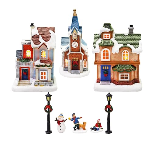 MOMENTS IN TIME Christmas Village Set 12-Piece with LED Lights Miniature Christmas Houses Lighted Holiday Décor for Tabletop Mantel Village Display Gift-Ready Packaging