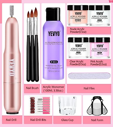 Acrylic Nail Kit With Drill, Acrylic Powder And Liquid Set With Nail Drill, 4Pcs Clear, Nude, Pink, White Nail Powder And 3.4Oz Monomer, Professional Acrylic For Nail Extension #TOP1