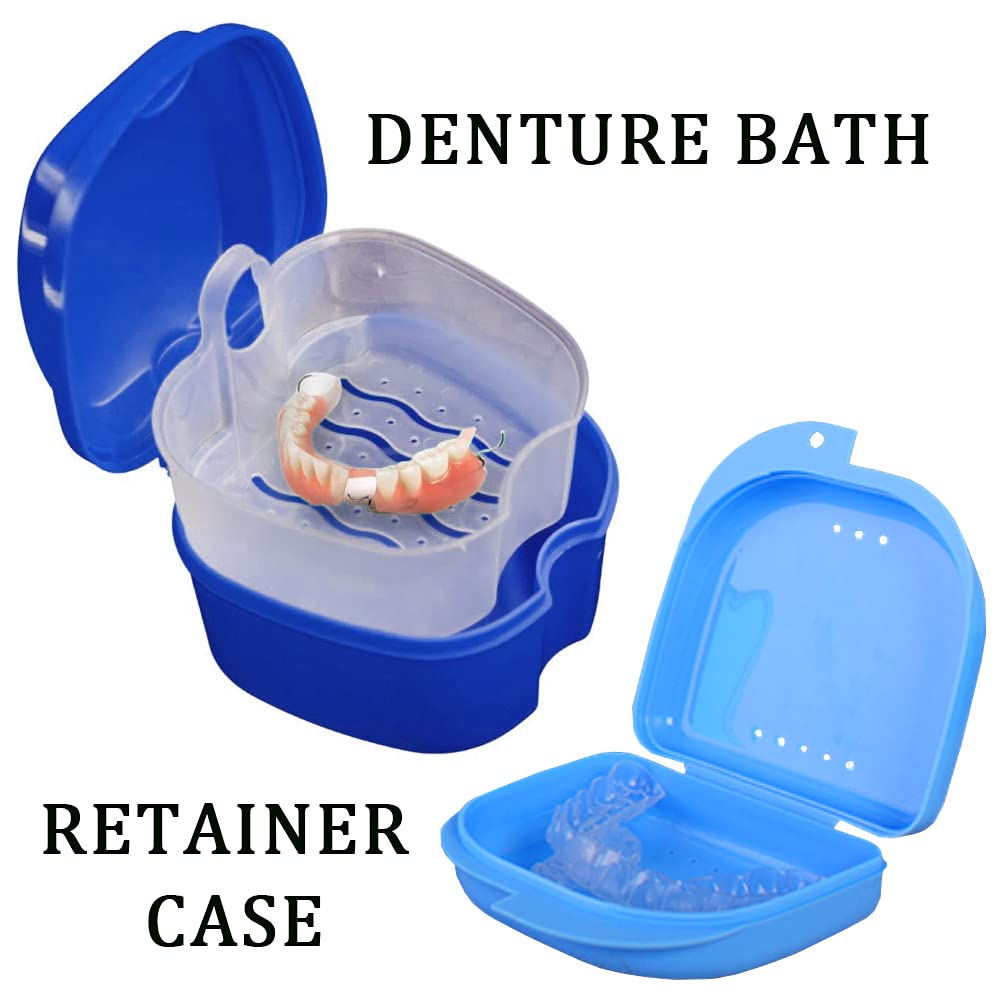 Denture Bath Case Cup with Denture Cleaner Brush & Retainer Holder Box, Complete Clean Care for Dentures, Clear Braces, Mouth Guard, Night Guard & Retainers,Traveling (Blue) : Beauty & Personal Care