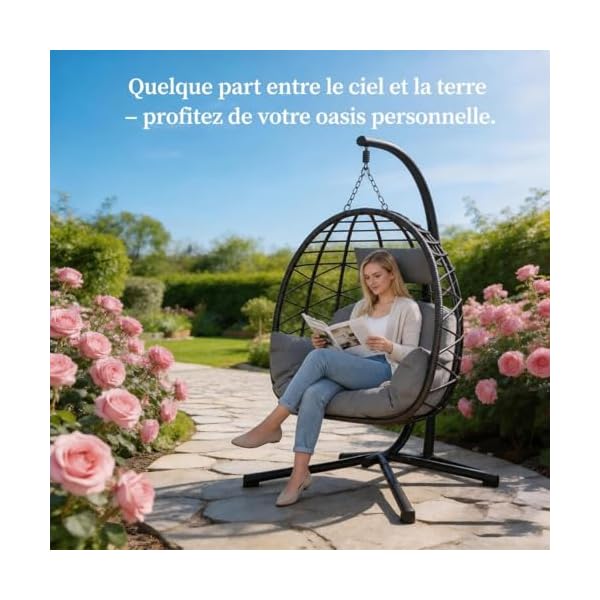 Fauteuil Oeuf Suspendu avec Support, Structure Acier Robuste, Rotin Synthétique PE résistant aux intempéries, Coussin Épais, Charge 150kg, pour Intérieur Extérieur Jardin Terrasse