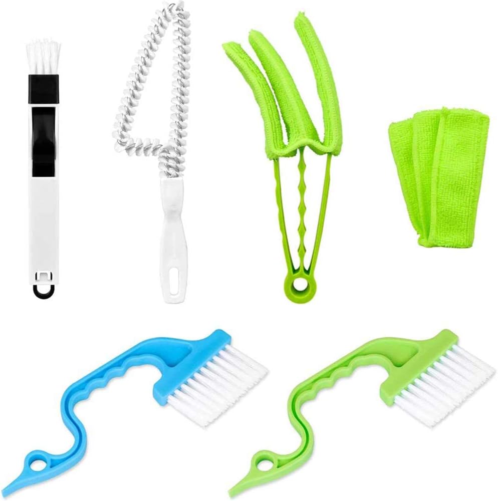 MAZECO Window or Sliding Door Track Cleaning Brush, Window Blind Duster, 2-in-1 Windowsill Sweeper, 2PCS Blue and Green Color Hand-held Groove Gap, Total 6PCS