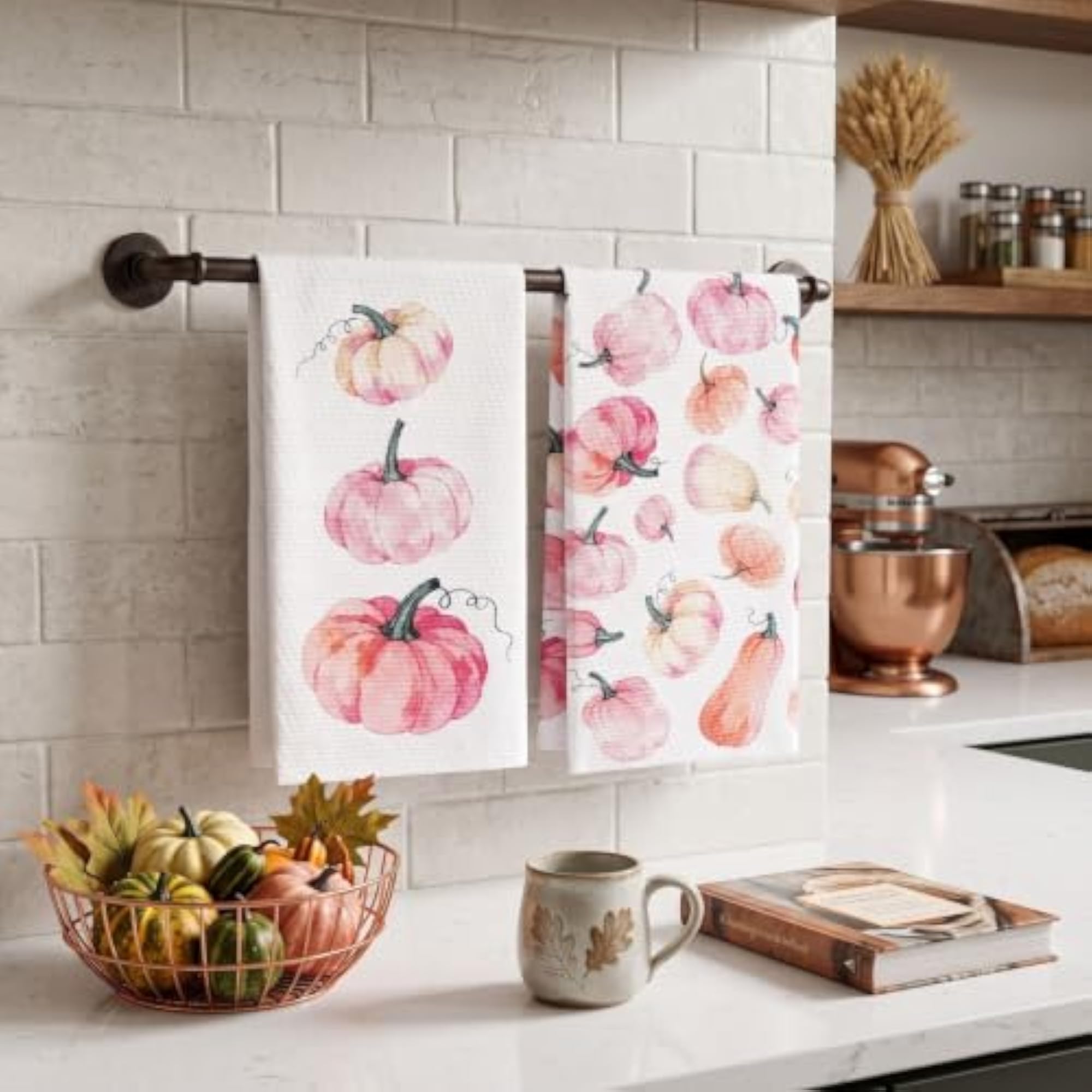 Set of 2 Cotton Fall Kitchen Towels, Pumpkin Pink