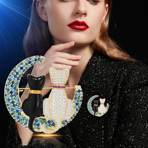Image of Rhinestone Couple Cats on the Moon Brooch Pin for Women Men Vintage Lapel Pins Funny Statement Cute Kitty Crystal Turquoise Animal Kitten Crescent Brooches Christmas Birthday Jewelry Gift Unisex
