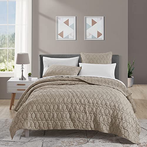 SHALALA Solid Quilt Set Lightweight Brushed Coverlet Classic Geometric Quilting Bedspread for All Season (Khaki, King)