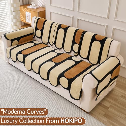 Image of HOKIPO 'Moderna Curves' Complete Sofa Cover Set (Seat+Back+Arm) for 3 Seater Sofa | All Season Sofa Cover Mat with Anti Slip Backing, Oyster Beige (AR-6125+AR-6120 * 2+AR-6309 * 3)