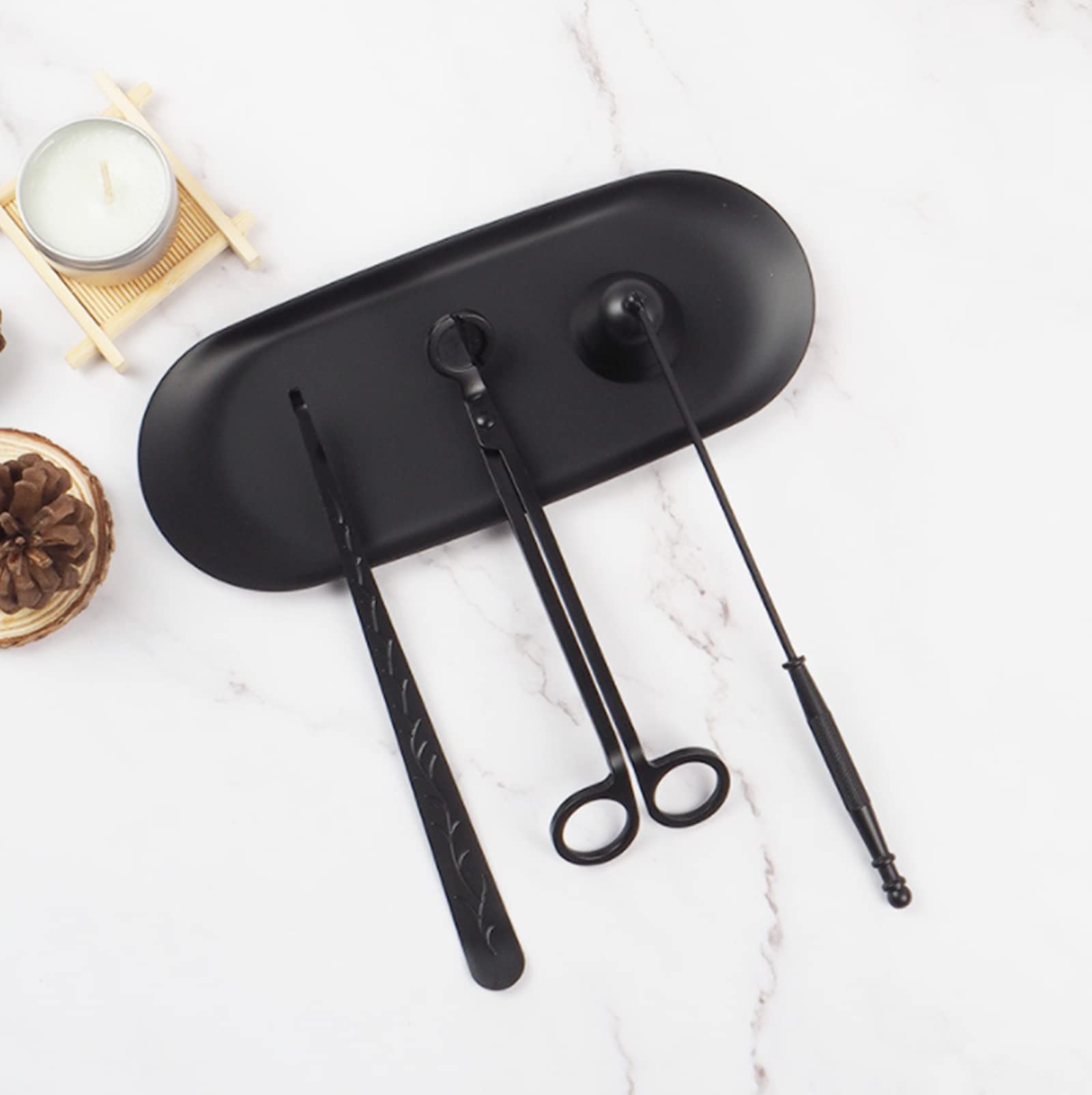 Avtytsda 4 in 1 Candle Accessory Set Candle Wick Trimmer Cutter Candle Snuffer Extinguisher Wick Dipper with Storage Tray Plate Great for Scented Candles Lovers (Black)