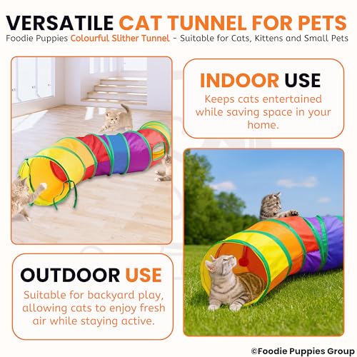 Image of Foodie Puppies Colorful Cat Tunnel Toy for Indoor Cats (Slither Tunnel) | Foldable Interactive Play Tunnel with Peek Hole & Hanging Ball | Collapsible Pet Tube for Cats, Kittens, Rabbits & Guinea Pigs