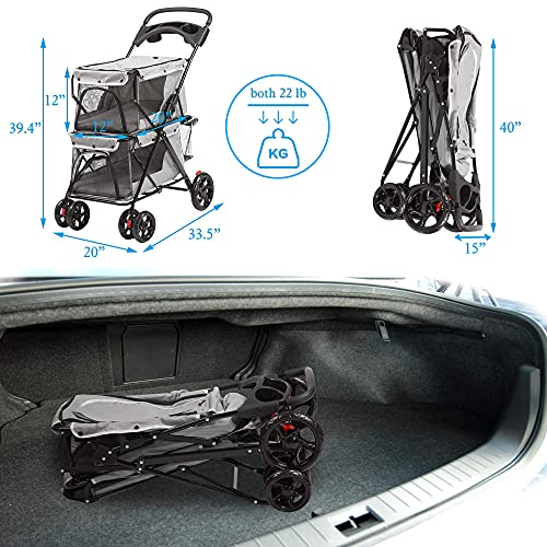 LONABR Folding Dog Stroller Travel Cage Stroller for Pet Cat Kitten Puppy Carriages - Large 4 Wheels Elite Jogger - Single or Multiple Pets (Gray - 2 cage) - Thumbnail 2