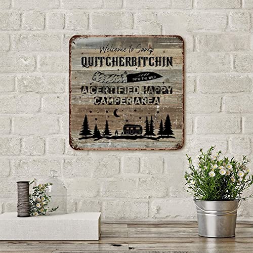 Vintage Metal Sign Plaque Welcome To Camp A Certified Happy Camper Area Adventure Camping Life Weathered Home Home Sign Plaque Retro Metal Art Prints For Outdoor Man Cave Decor Room Decor 15X15 Inch #TOP2