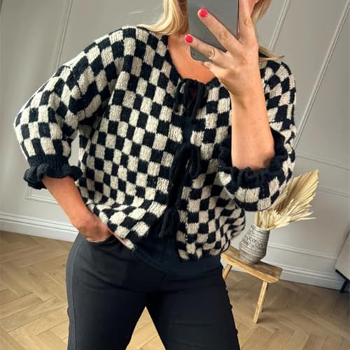 Women Y2K Tie Front Cardigan Sweater Ruffle Short Sleeve Checkered Open Front Knit Sweater Cute Loose Knitwear Tops2