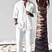 Men's Cotton Linen Top Pants Two-Piece Set,Men’s Casual V-neck Short Sleeve Button Down Shirt And Pants Sets (White,L)