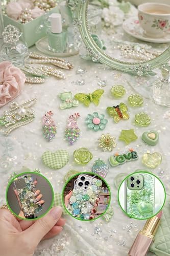 AVELICE Junk Case Large Charm Kit for DIY Girls, Acrylic Green Glitter Peacock, Ombre Love, Green Sunflower, 3D Butterfly & Heart Charms for Cute Phone Case Decorating & Social Media Crafts — view 5