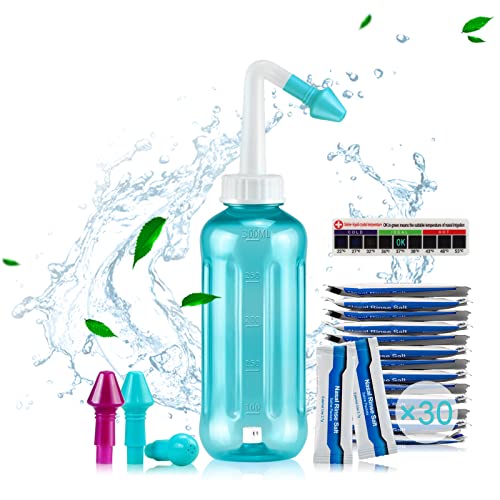 Neti Pot,Sinus Rinse Bottle 300ml Nasal Rinse Kit Nose Washing Cleaner Nasal Irrigation System for Adult & Kid Nasal Care with 30 Nasal Wash Salt Packets and Temperature Sticker BPA Free