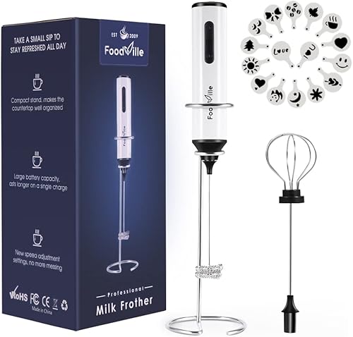 FoodVille MF05 - Espumador de leche recargable con carga USB máquina de espuma de mano con batidor de globos 16 plantillas de arte con leche soporte