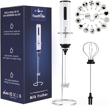 FoodVille MF05 Rechargeable Milk Frother USB Charging Handheld Foam Maker with Balloon Whisk, 16 ...