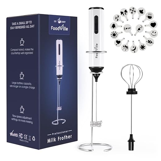 FoodVille MF05 Rechargeable Milk Frother USB Charging Handheld Foam Maker with Balloon Whisk, 16 Pcs Latte Art Templates, Stainless Steel Stand for Cappuccino, Latte, Protein Powder