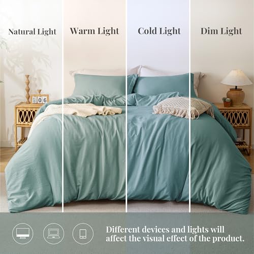 Image of MILDLY Duvet Cover 90 inchx98 inch Ultra Soft Comforter Cover Set 3pcs, Teal | Washed Microfiber Cotton-Like, Breathable Comfort, Hidden Zipper, Corner Ties, OEKO-TEX Certified, Fade Resistant