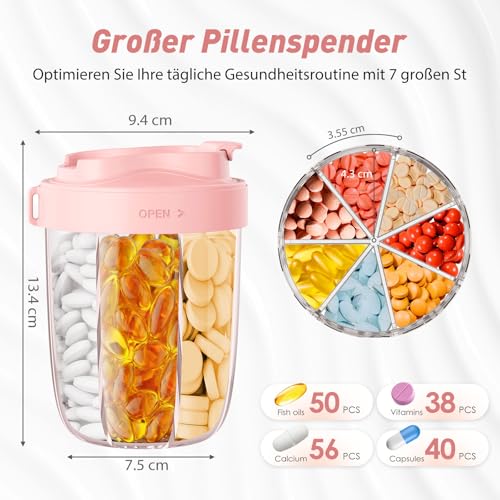 Image of Tablet Box 7 Days in the Morning in the Evening | Round with 7 Large Subjects & Anti-Confusion Design | Width Opening, BPA-Free & Portable | for Medication, Vitamins, Fish Oil, etc. (Pink)