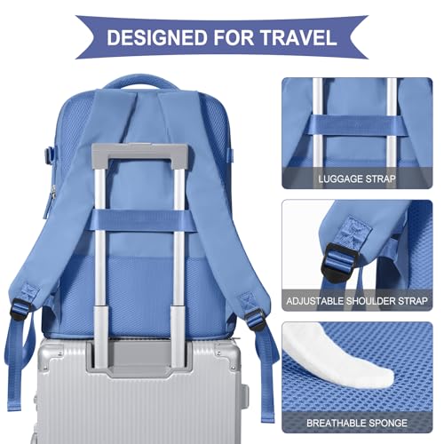 Image of coowoz Large Travel Backpack For Women Men,Carry On Backpack Flight Approved,Hiking Backpack Outdoor Rucksack Casual Daypack Fit 15.6 Inch Laptop Shoes Compartment (Sky Blue L)
